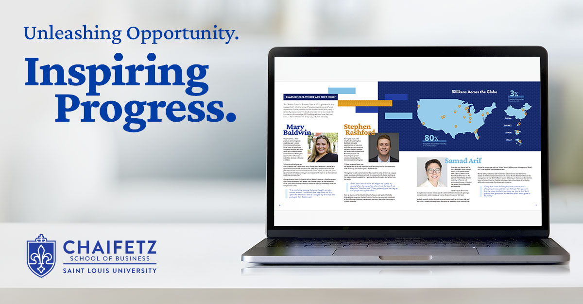 Digital copy of the 2023 Dean's Report displays on the screen of a laptop sitting on a desk. The text states: Unleashing Opportunities. Inspiring Progress, with the Chaifetz logo in the lower corner.