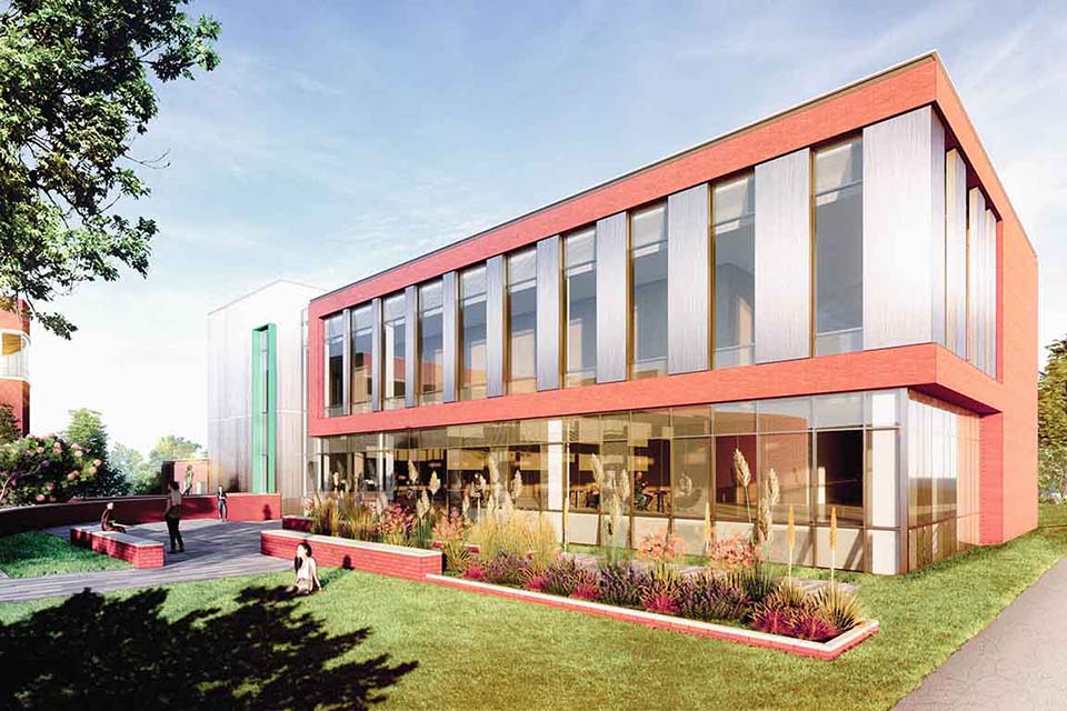 An illustration mock up of a building on campus.